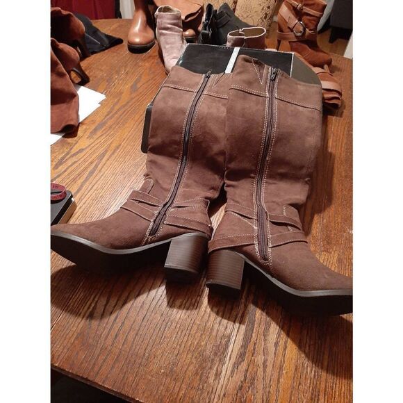 Size 9.5 New Directions Friar Brown Boots Chunky Stacked Heel Side Zip Tall Boot - Picture 4 of 12